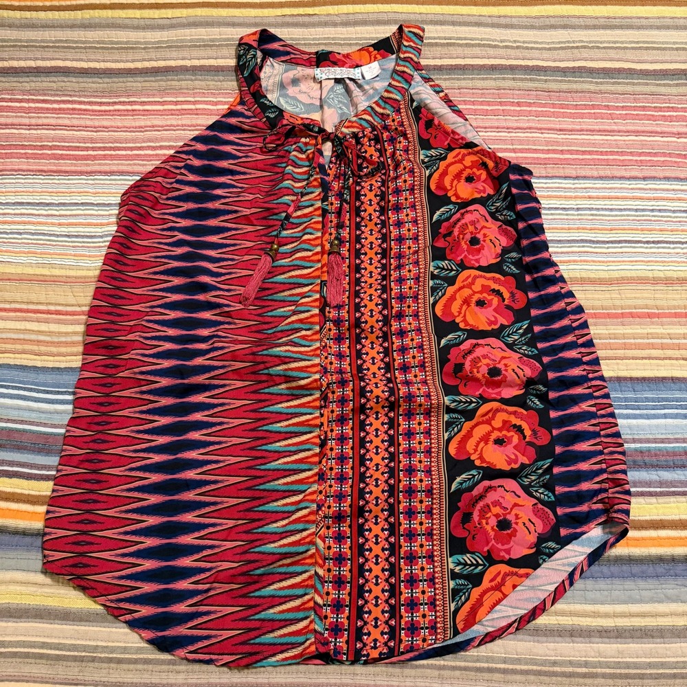 Pink Cadillac Womens Boho Floral Geometric Tassel Halter Blouse Multicolor Med